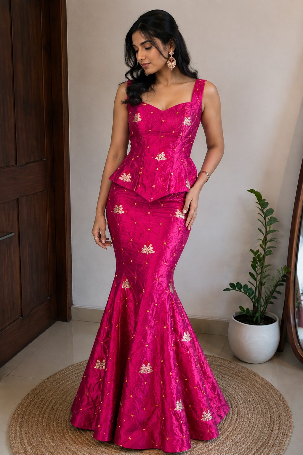 Rani Pink Chiniya Silk Bandhani Fabric With Kadhwa Motif