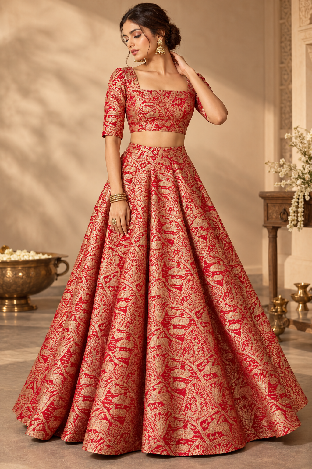 Red Brocade Katan Silk Handloom Fabric