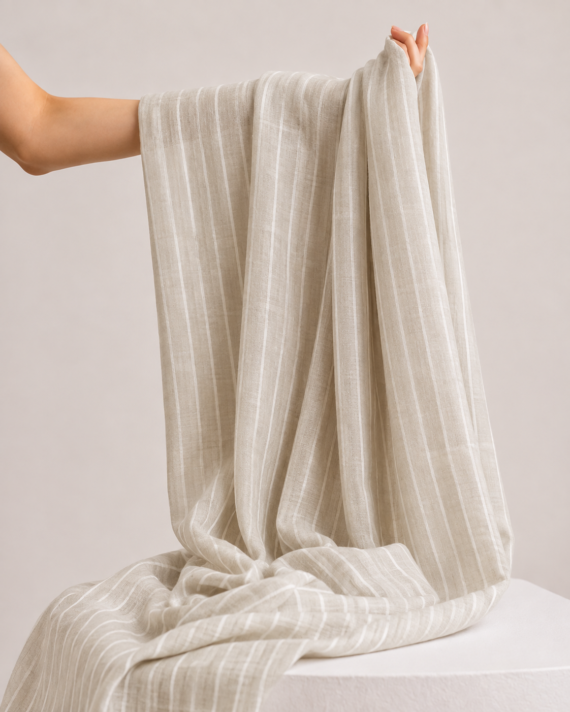 White & Grey Striped Mul Fabric