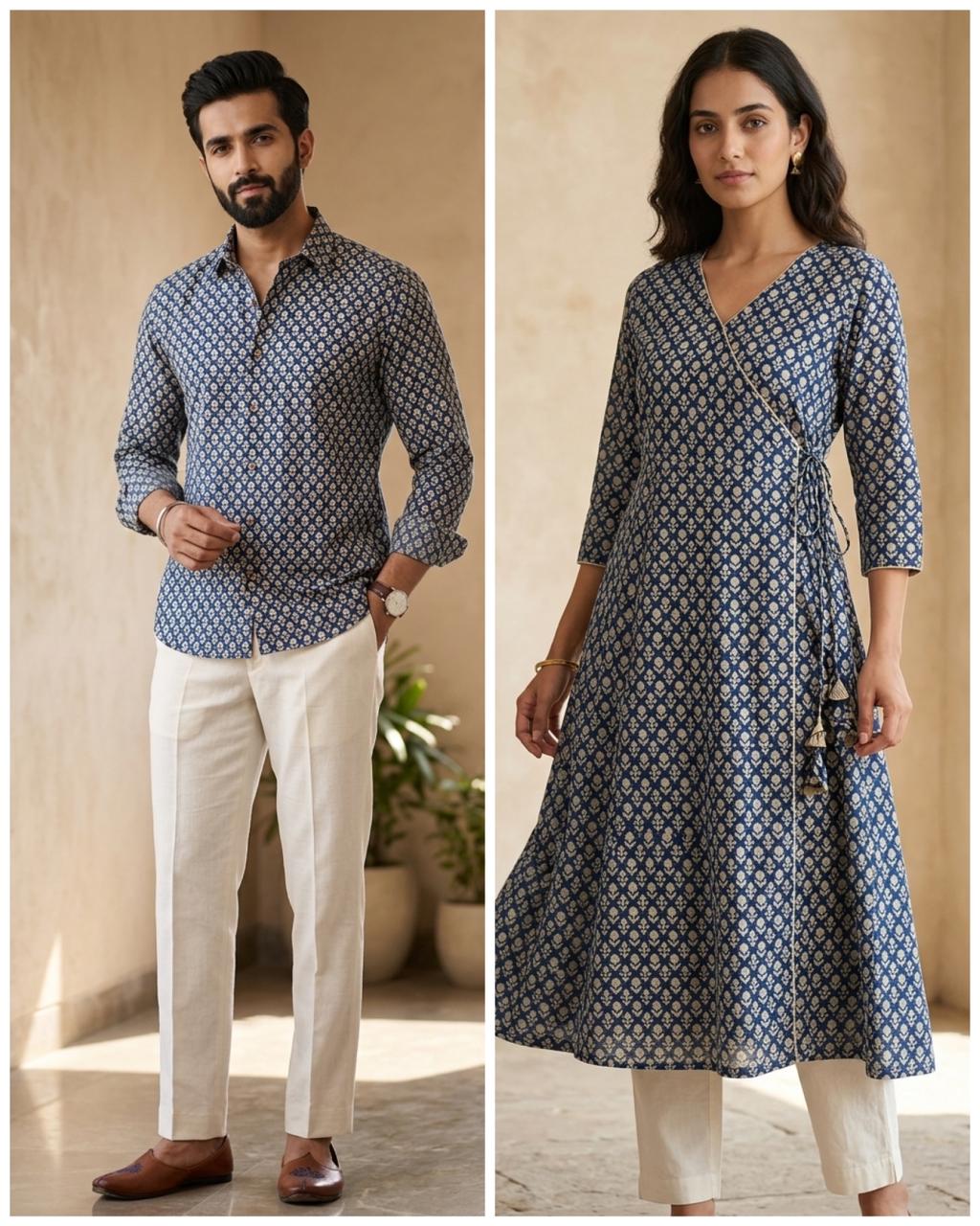 Indigo Chanderi Silk Fabric With Block Printing