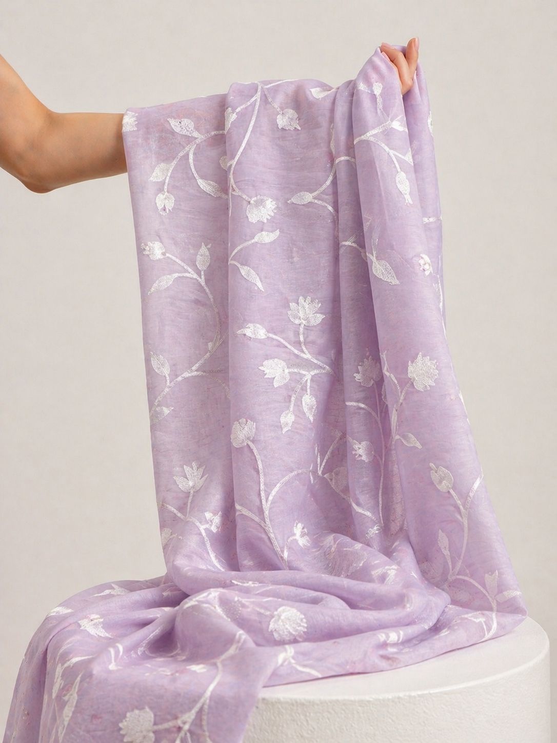 Lavender Mul Fabric With Embroidery