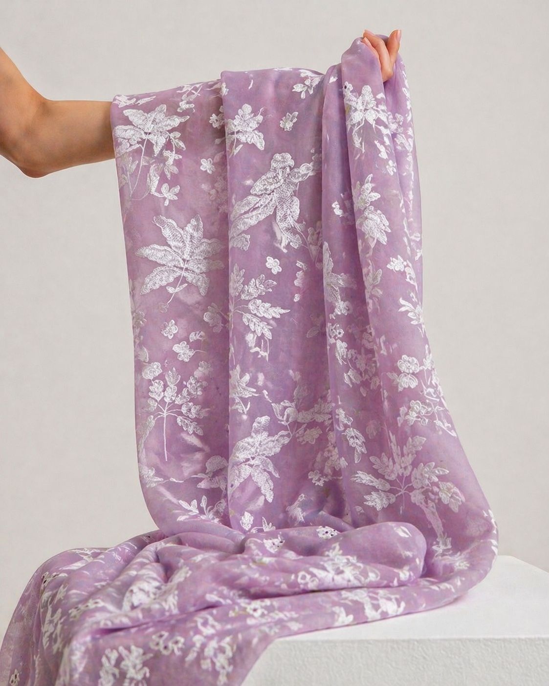 Mauve Mul Fabric with Parsi Gara Embroidered Pattern
