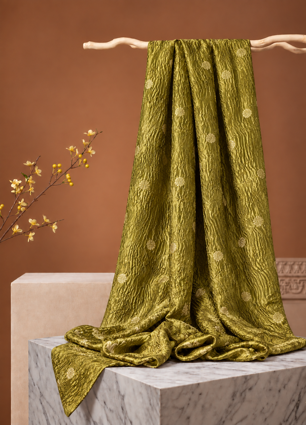 Olive Gold Crush Tissue Fabric with Gold Zari Polka Motifs