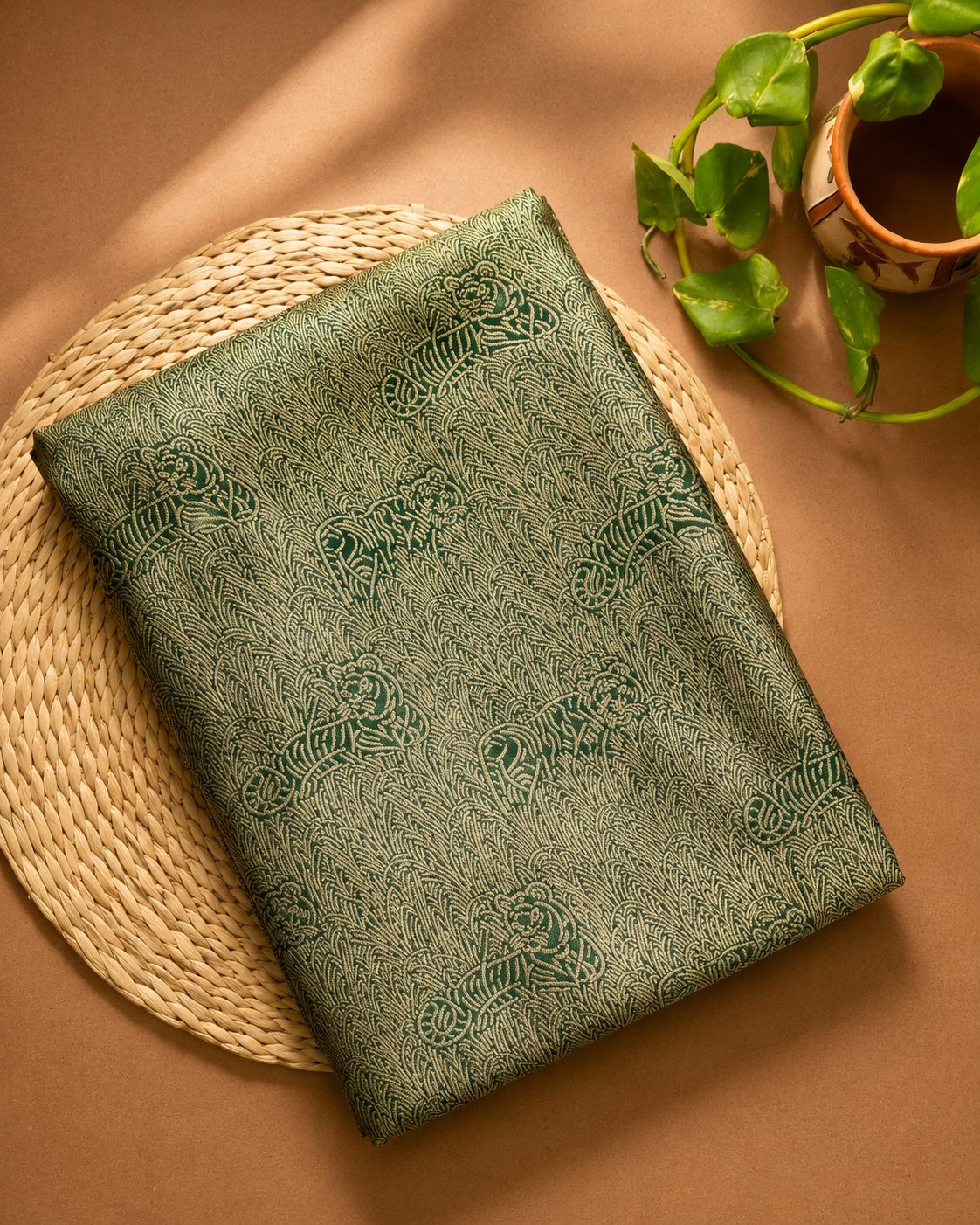 Bottle Green Brocade Katan Silk Handloom Fabric