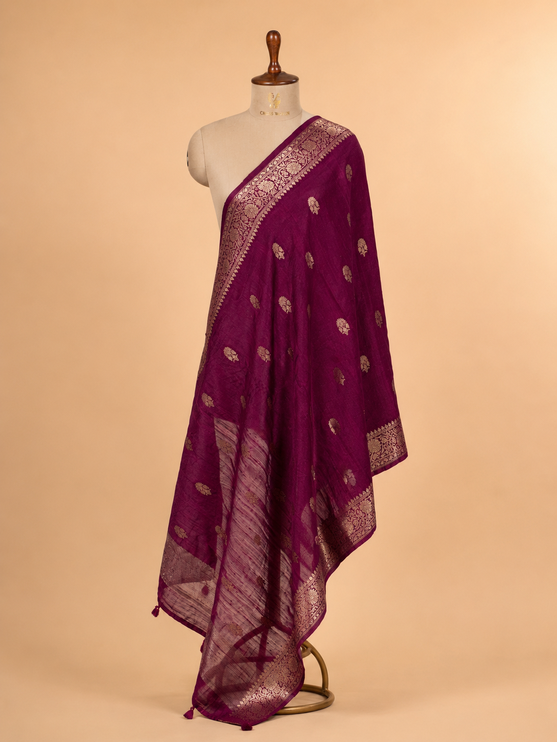 Wine Magenta Banarasi Raw Silk Dupatta with Gold Zari Floral Bootis