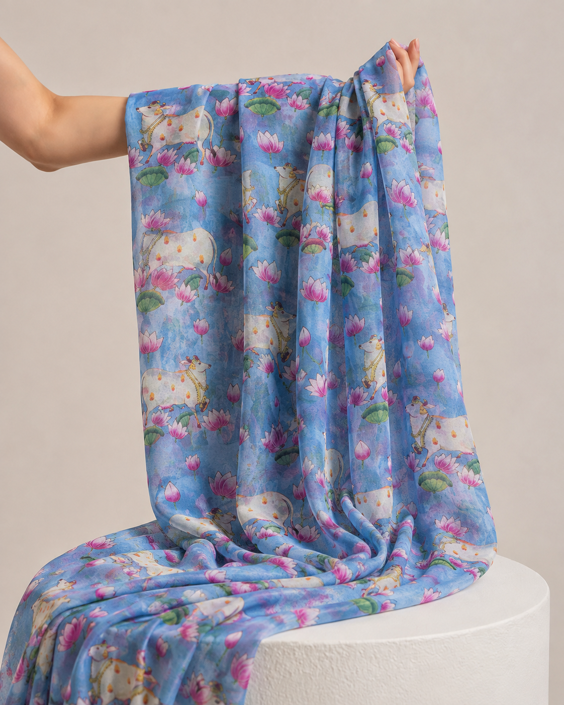 Powder Blue Mul Pichwai Prints Fabric