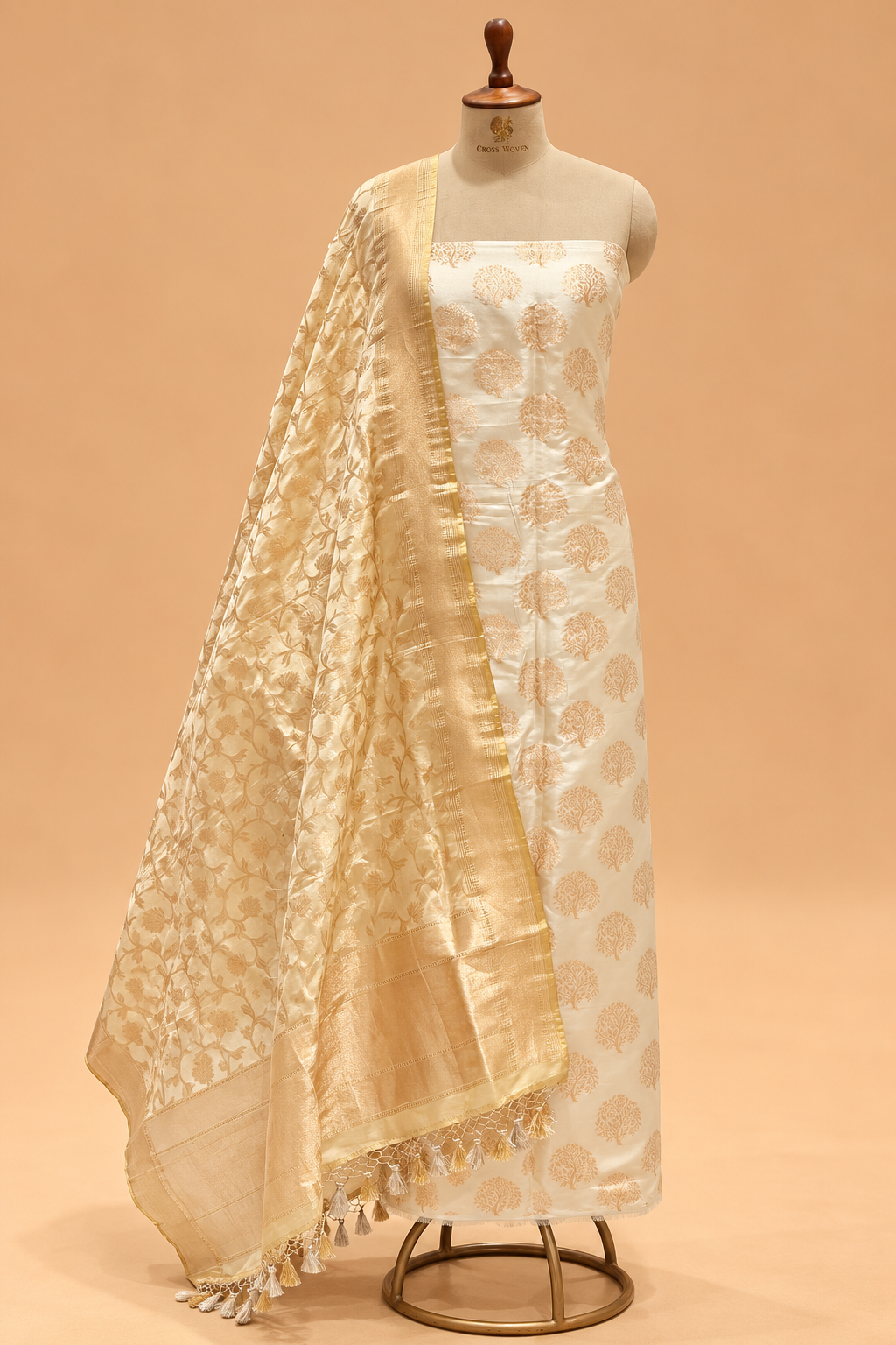 Ivory Pure Katan Silk Suit Set With Organza Jaal Duppatta