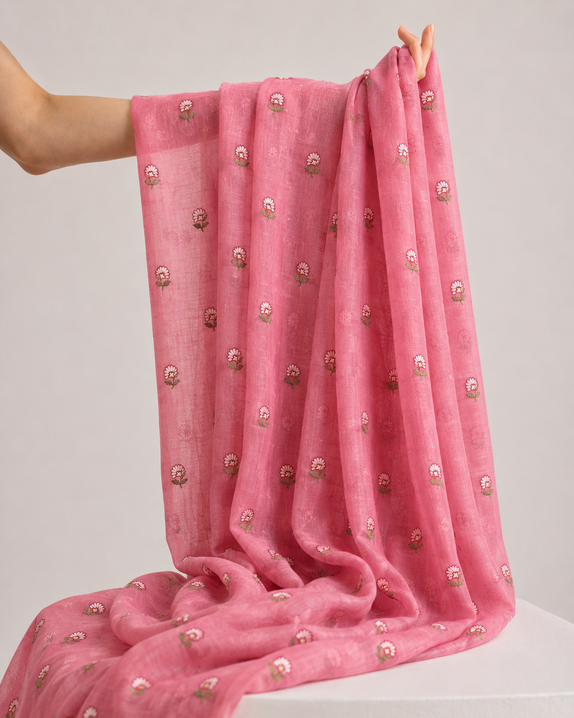 Pink Mul Fabric with Floral Embroidery