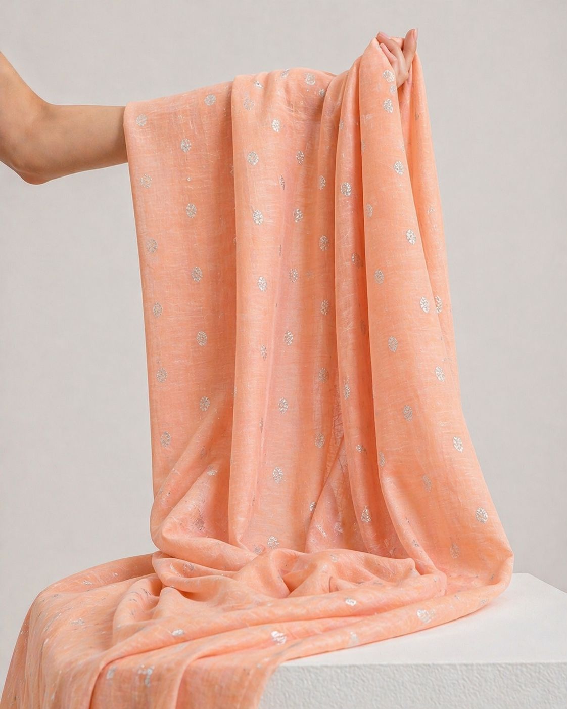 Peach Pink Pure Mul Fabric With Silver Zari