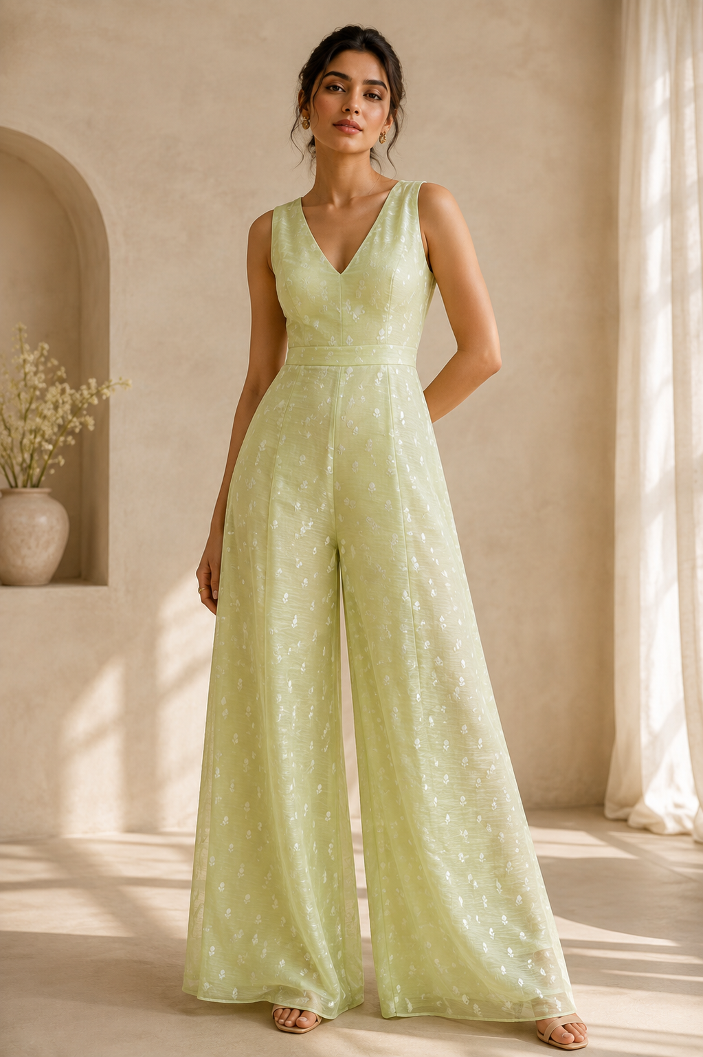 Pastel Green Silk Linen Fabric With Flower Embroidery