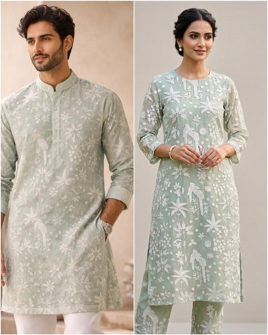 Sage Green Mul Fabric with Parsi Gara Embroidered Pattern