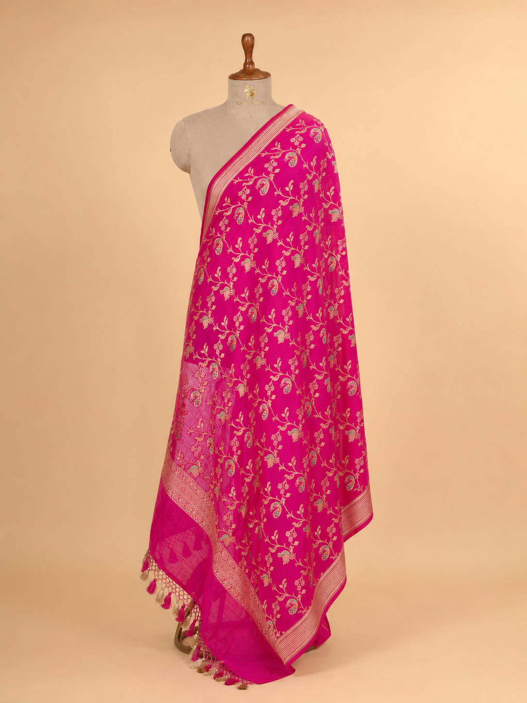 Hand Brush-Dyed Moonga Silk Dupatta with Floral Vine and Bird Motifs