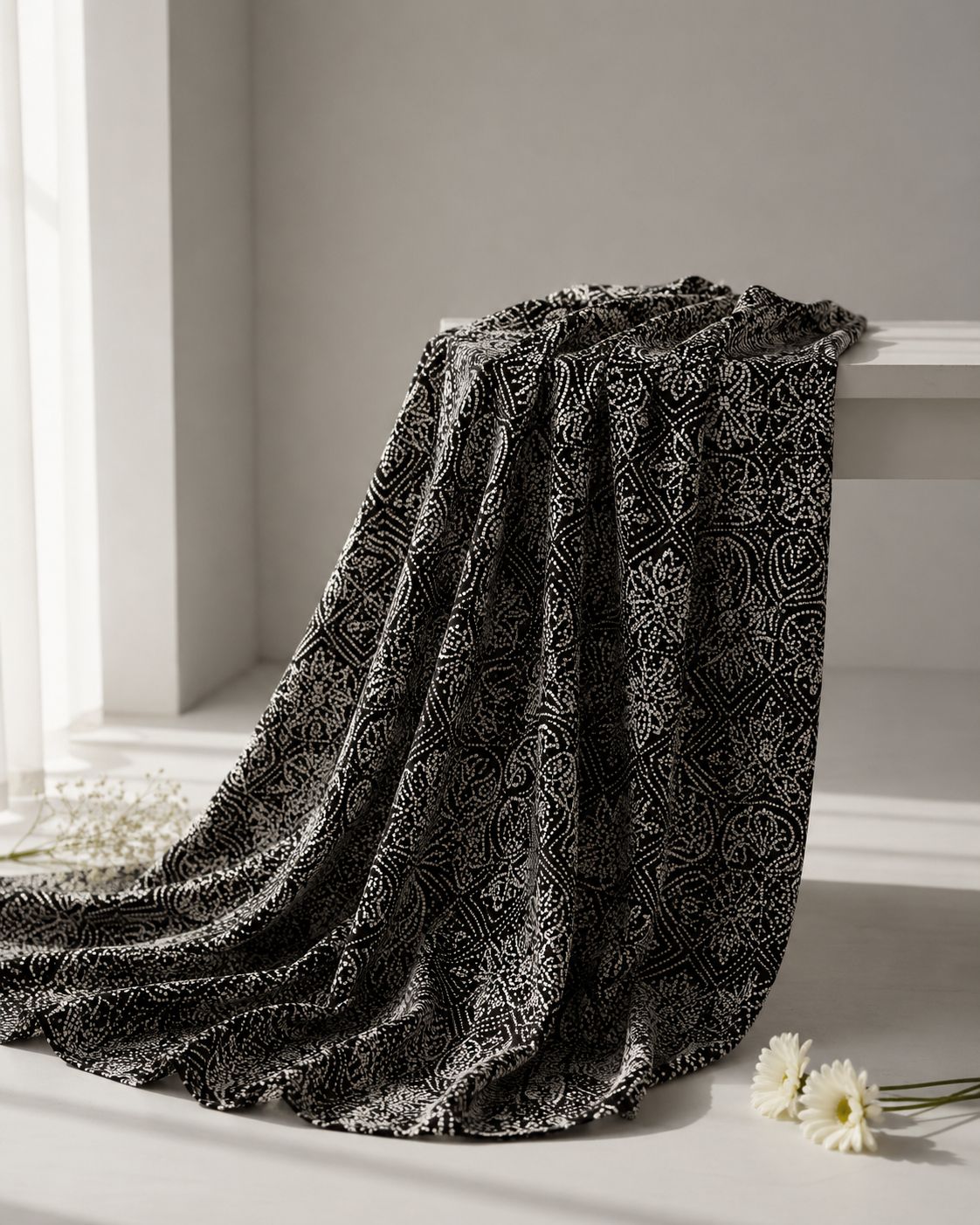 Black Chanderi Silk Fabric With Hand Block Print