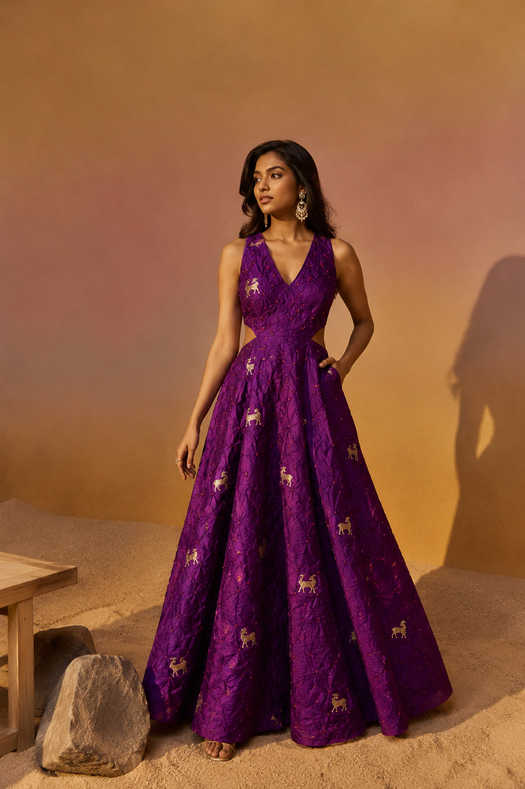 Deep Purple Chiniya Silk Bandhani With Deer Kadhwa Motif Fabric