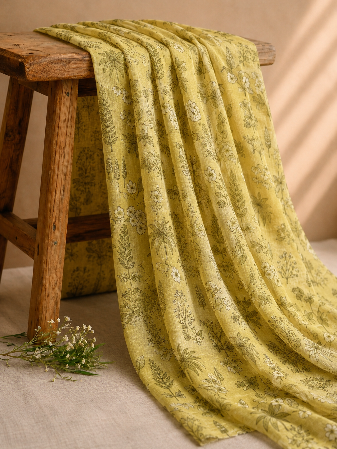 Pastel Yellow Linen Printed Fabric with Botanical Motifs