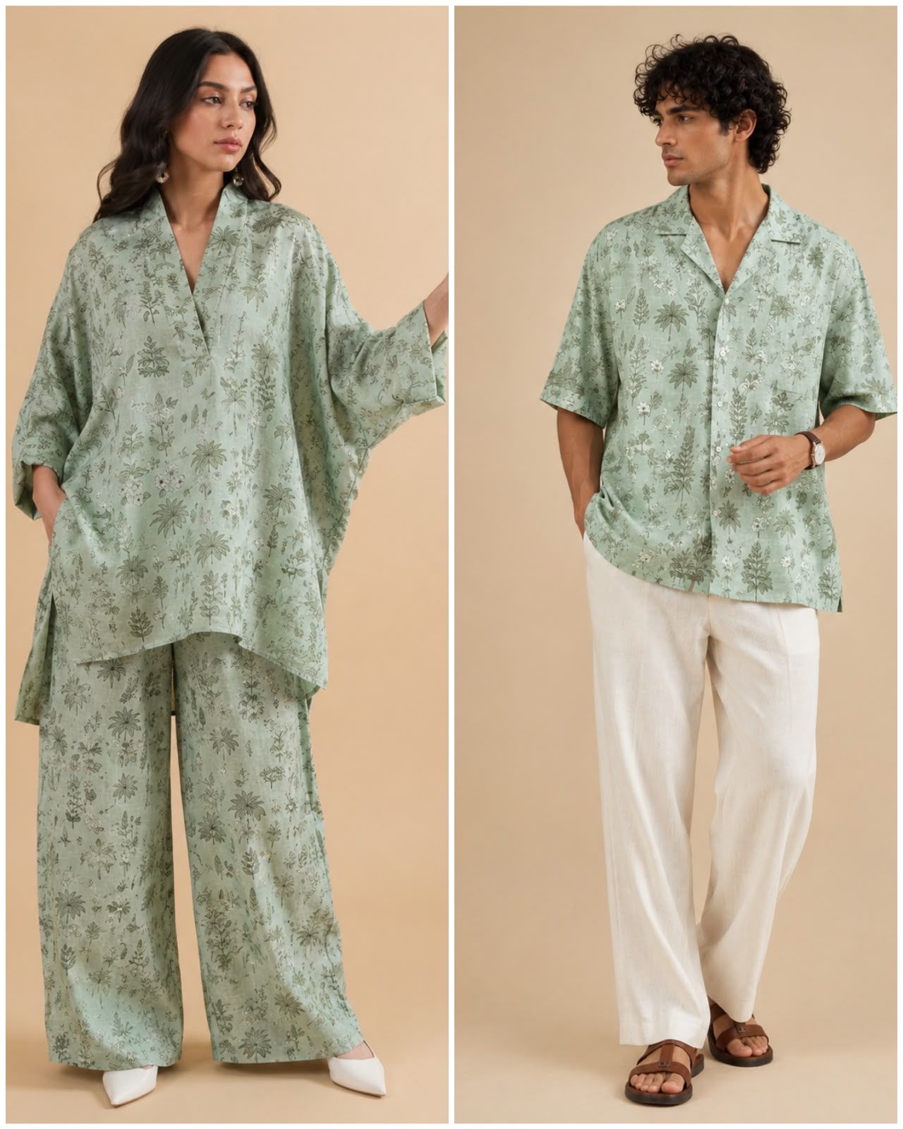 Mint Green Linen Printed Fabric with Botanical Motifs