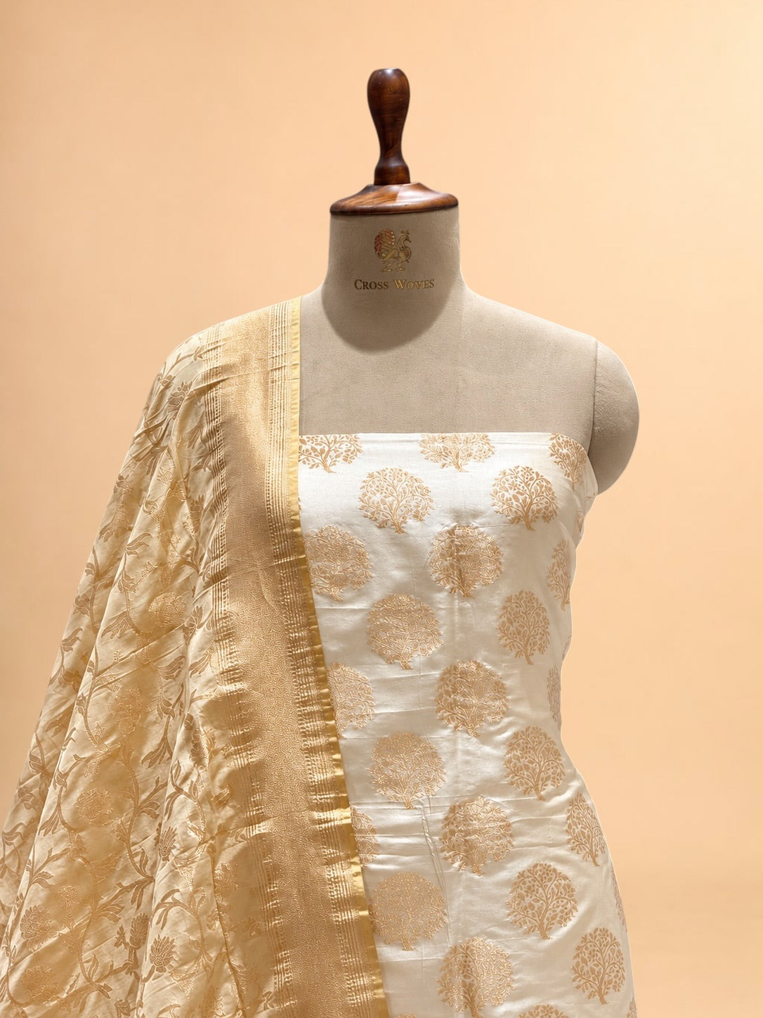 Ivory Pure Katan Silk Suit Set With Organza Jaal Duppatta