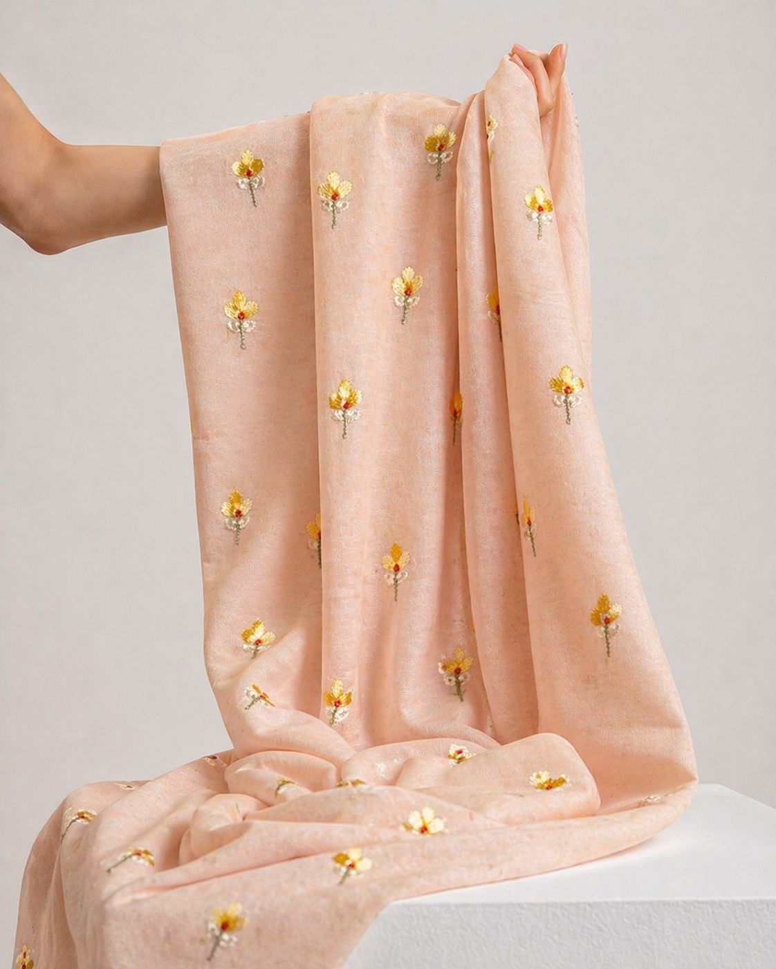 Peach Pink Mul Fabric With Embroidery