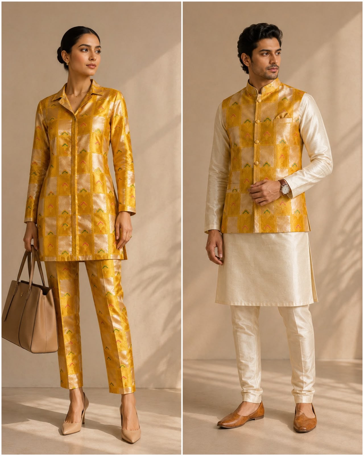 Mustard Yellow Soft Silk Fabric with Meenakari Checkered Zari Weave