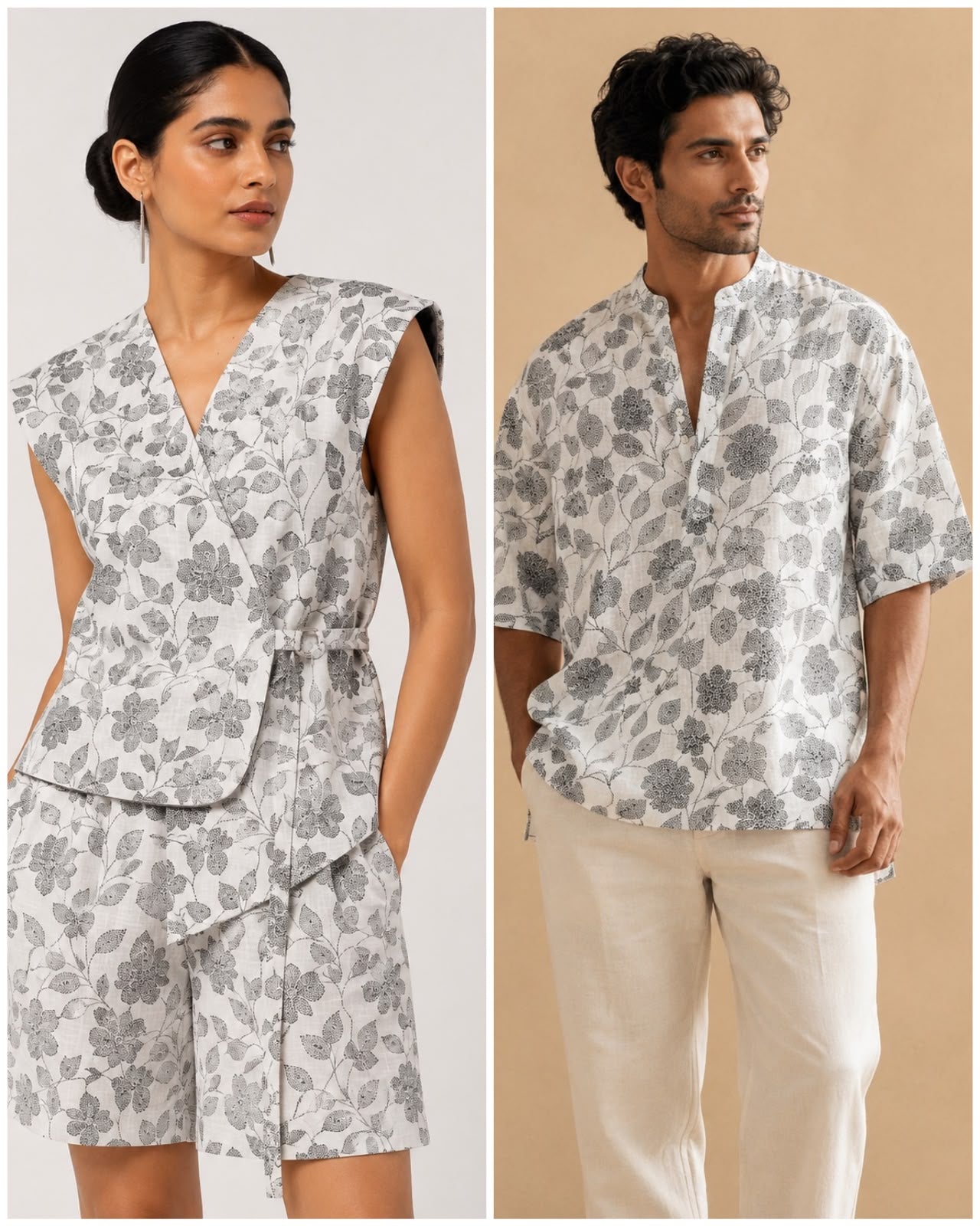White Linen Printed Fabric with Floral Vine Motifs