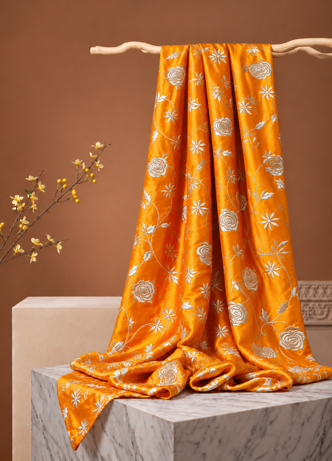 Orange Muslin Fabric With Parsi Embroidery