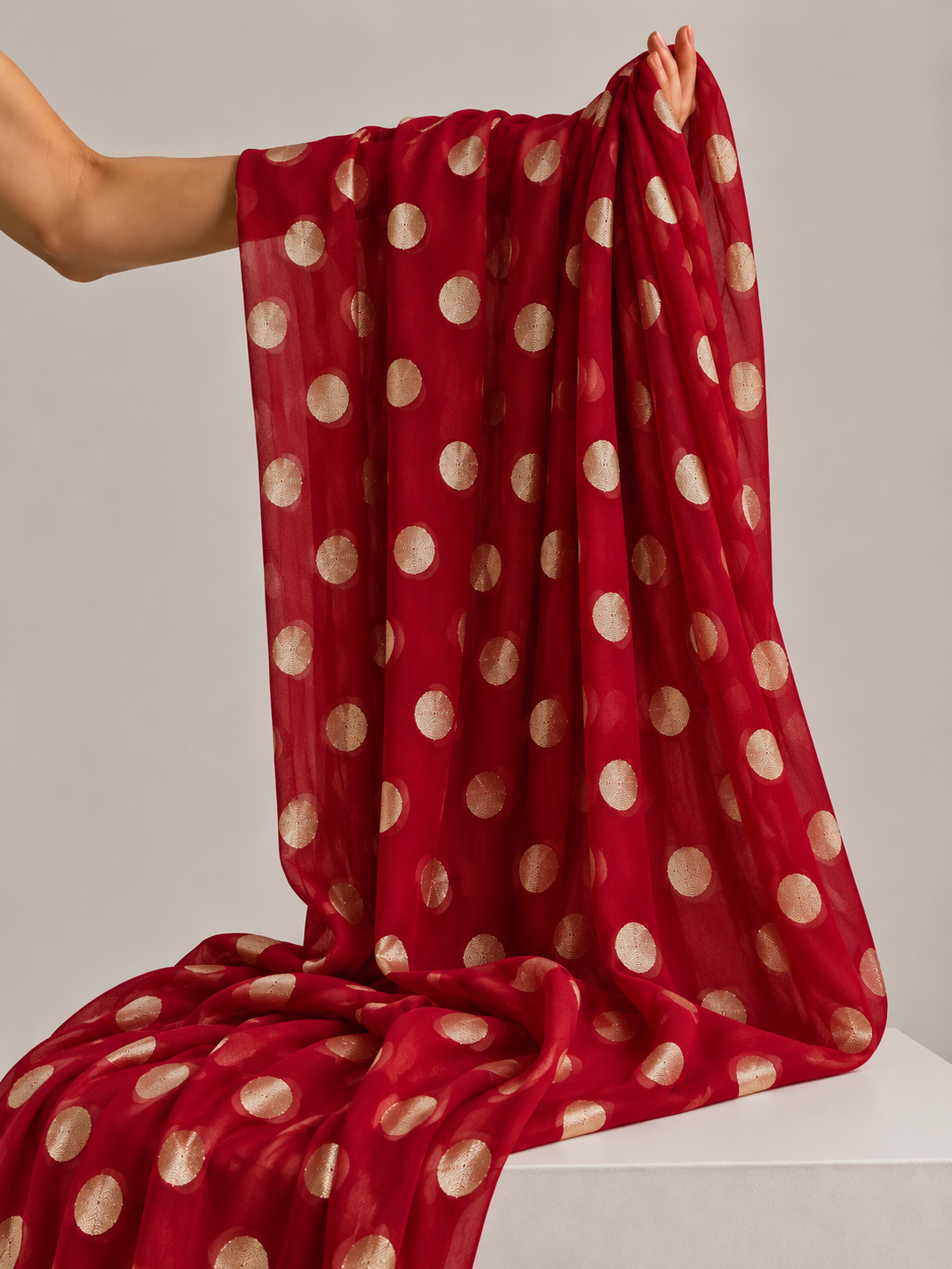 Red Pure Georgette Fabric with Polka Dots