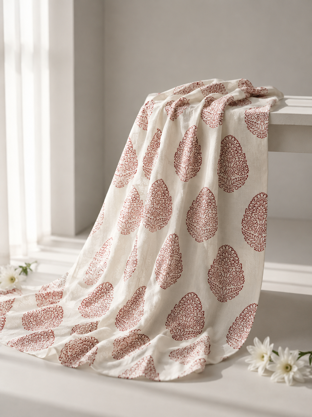 Pure Chanderi Silk Fabric With Red Hand Block Prints