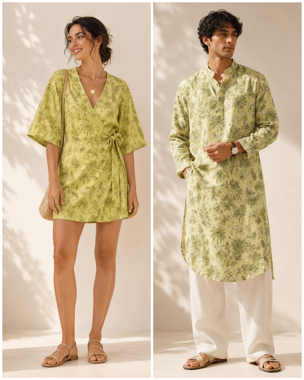 Pastel Yellow Linen Printed Fabric with Botanical Motifs