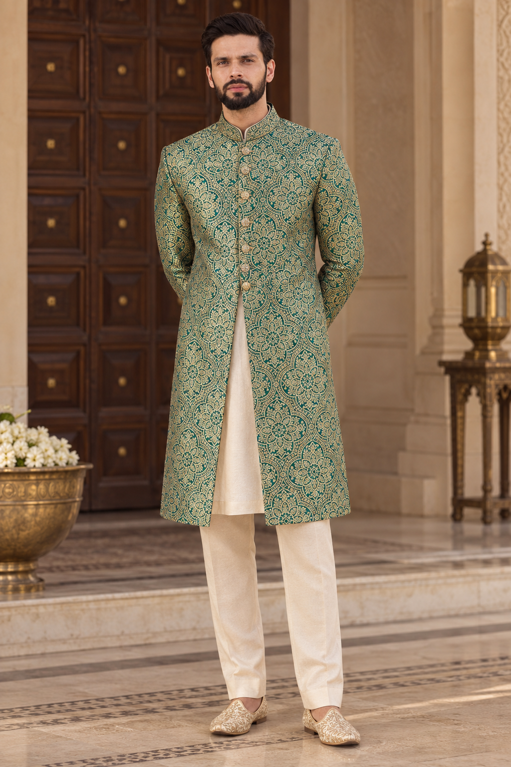 Emerald Green Pure Katan Silk Allover Jaal Fabric