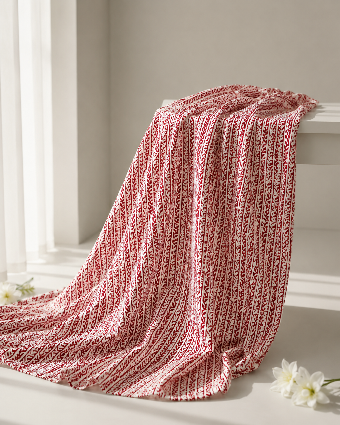 Pure Chanderi Silk Fabric With Red Hand Block Prints