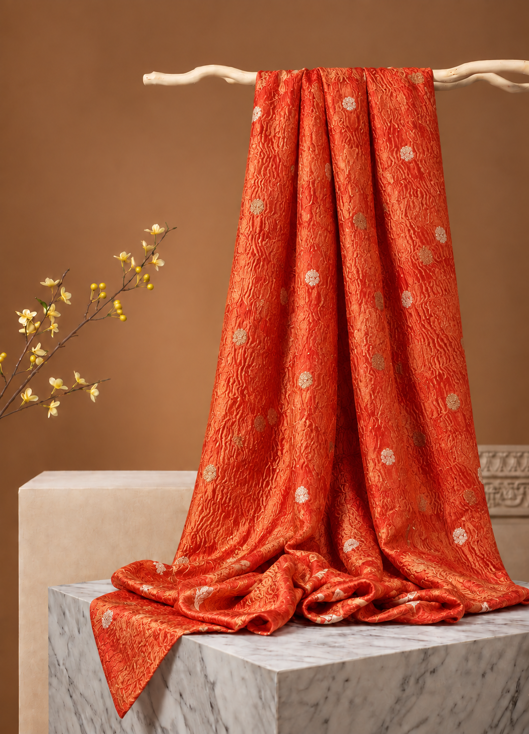 Rust Red Crushed Tissue Fabric with Gold Zari Floral Motifs