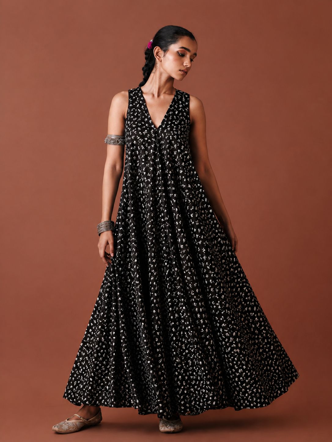 Black Chanderi Silk Fabric With Floral Hand Block Print
