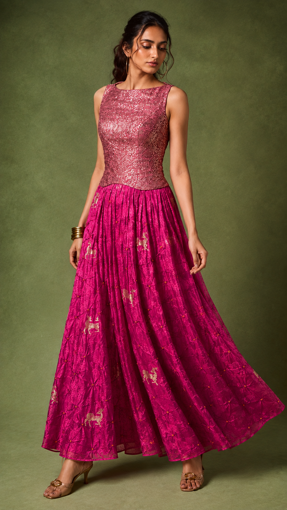 Magenta Pink Chiniya Silk Bandhani With Deer Kadhwa Motif Fabric