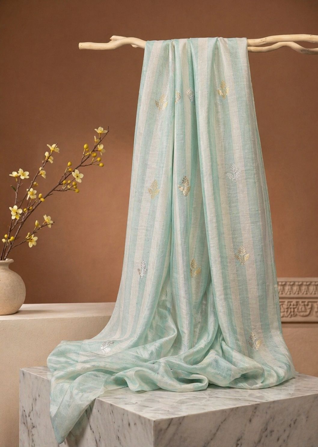 Aqua Green Premium Cotton Fabric With Floral Motifs