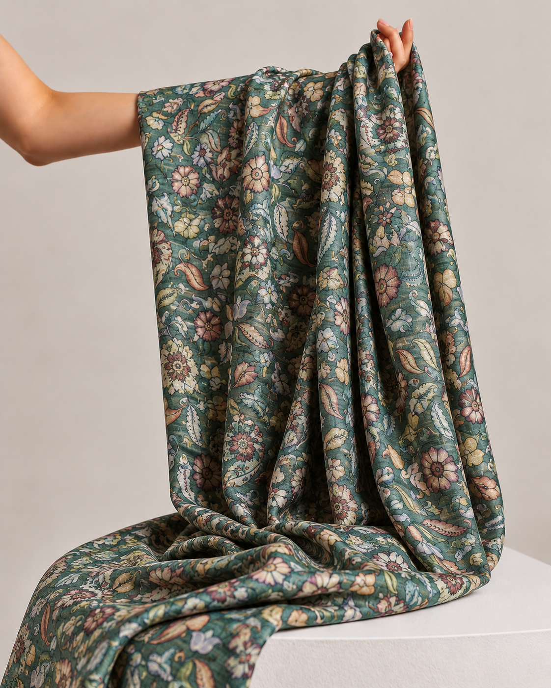 Teal Green Tussar Kalamkari Printed Fabric