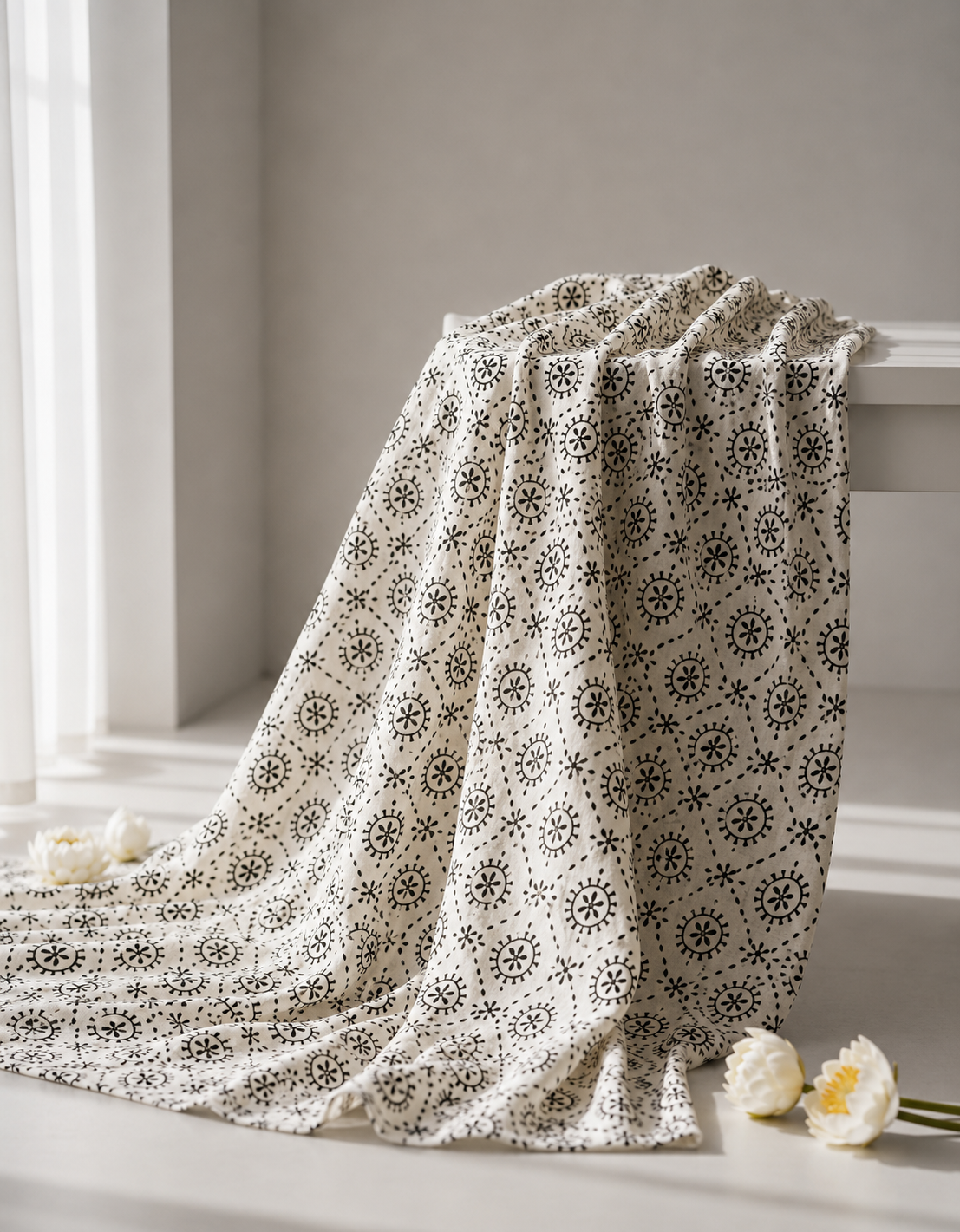 Pure Chanderi Silk Fabric With Black Hand Block Prints