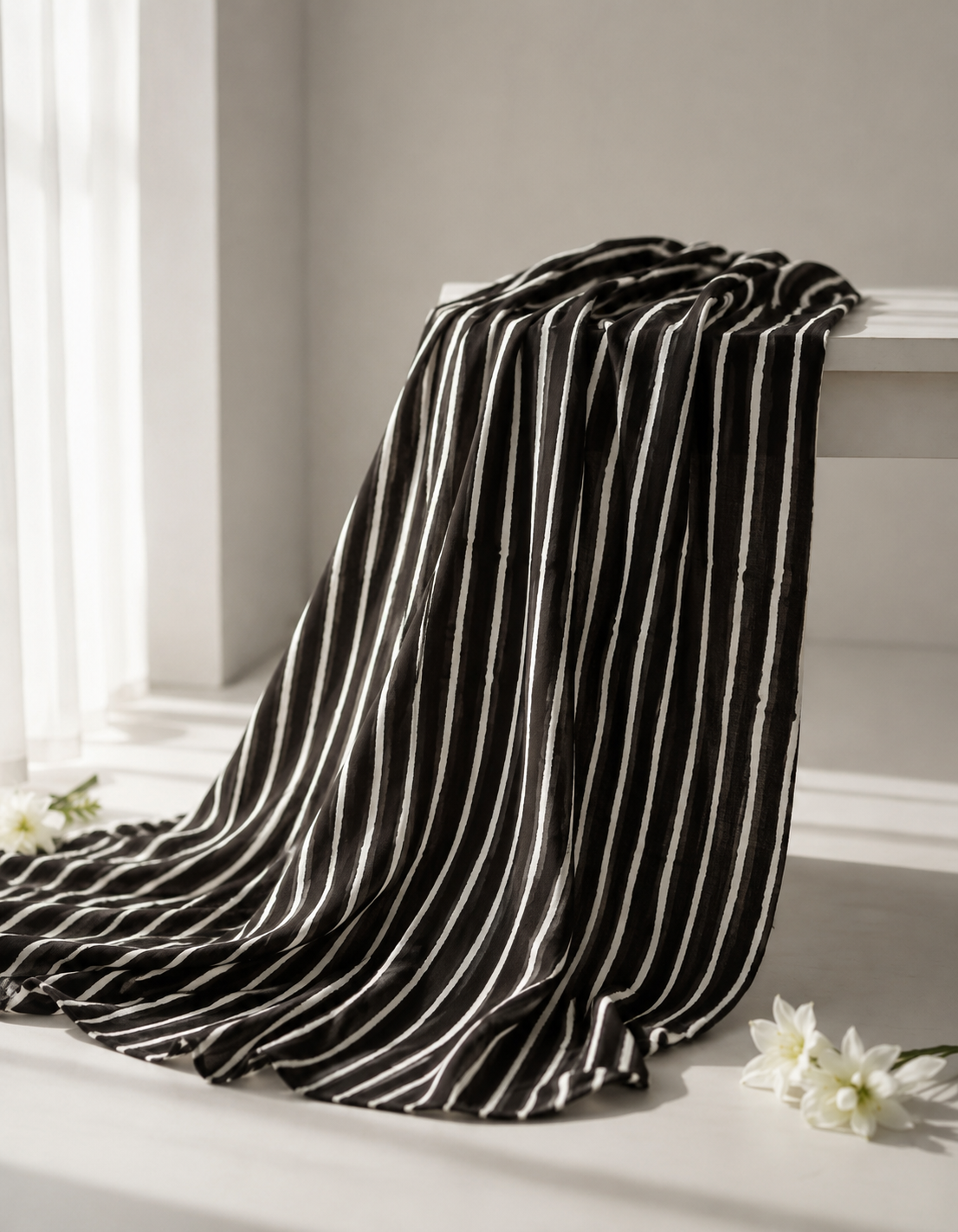 Pure Chanderi Silk Fabric With Black Hand Block Prints