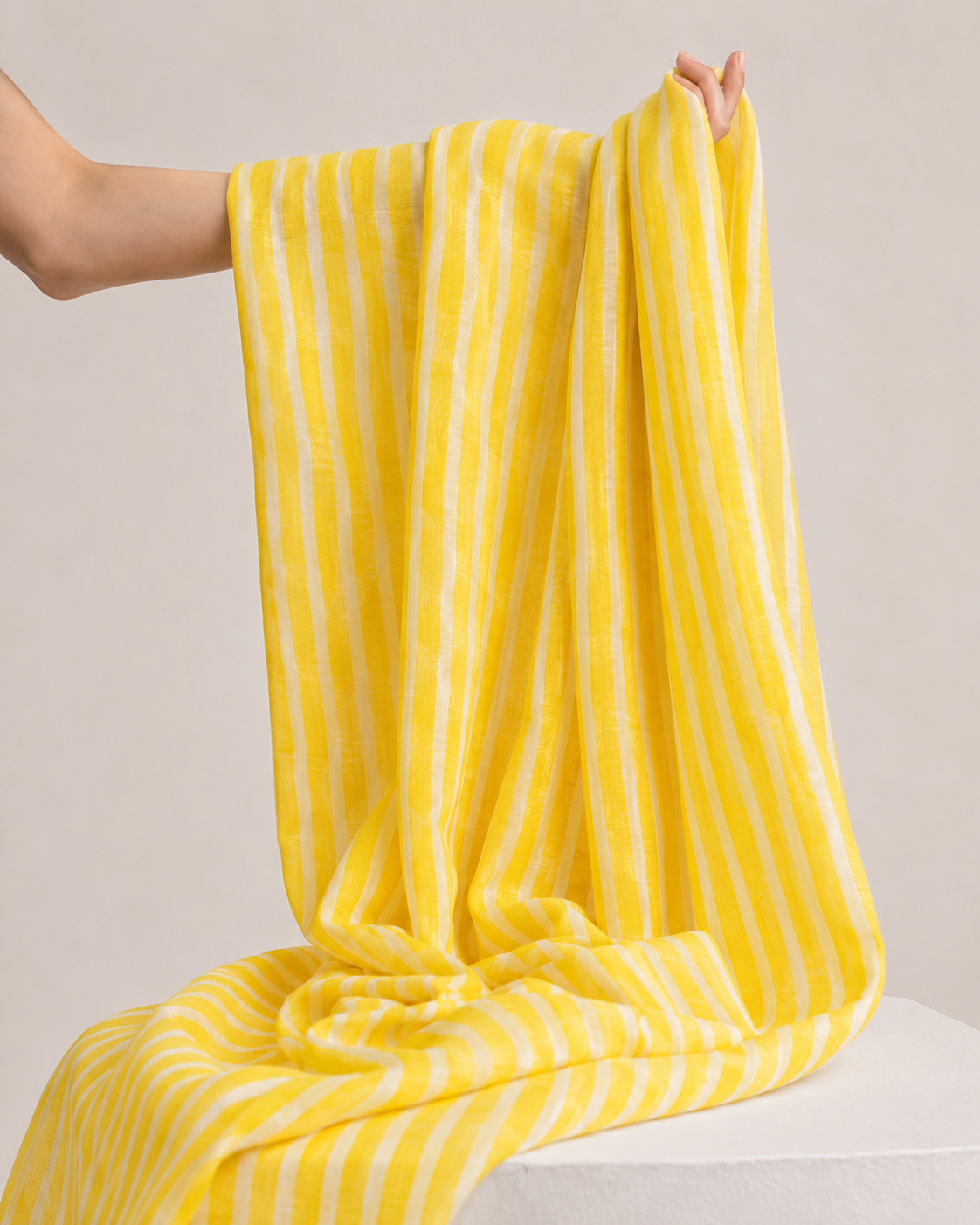 White & Yellow Striped Mul Fabric