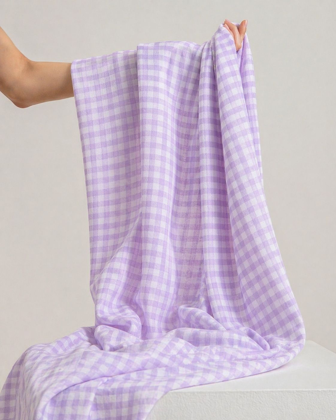 Lavender Mul Cotton Fabric With Checkered Pattern