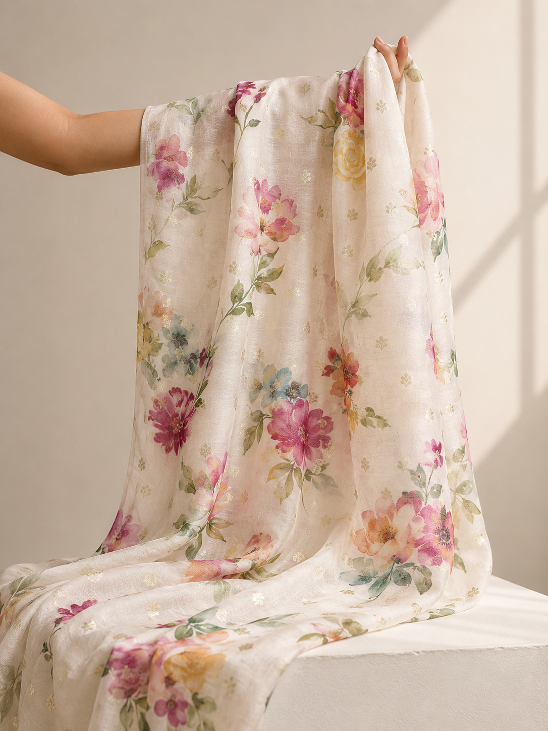Ivory Multicolour Floral Mul Weaving Fabric