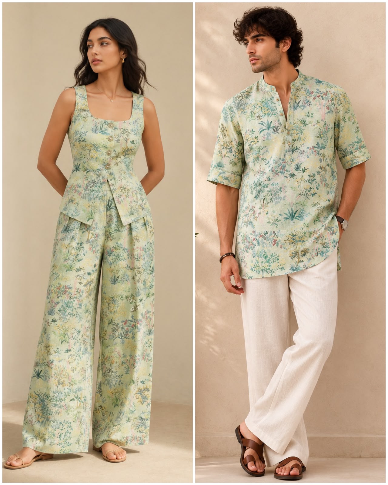 Pastel Green Linen Printed Fabric with Botanical Motifs