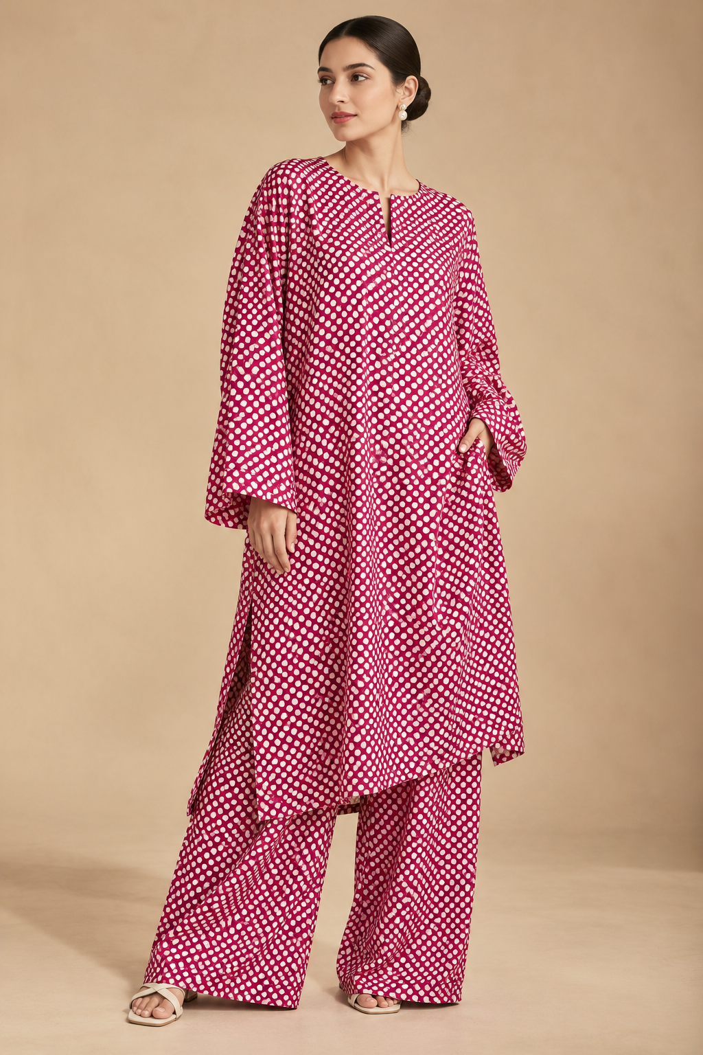 Pink Muslin Silk Polka Block Print Fabric
