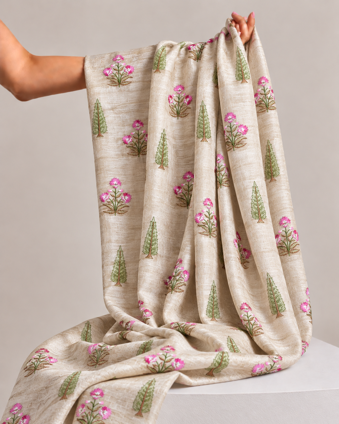 Ivory-Beige Pure Tussar Natural Floral Embroidered Fabric