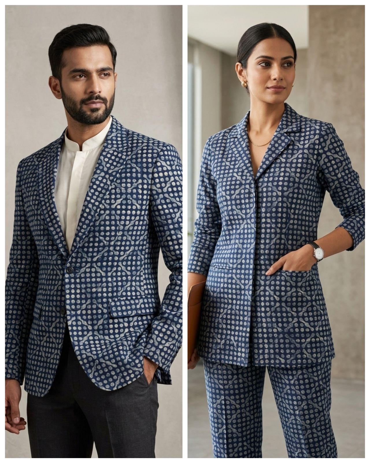 Indigo Abstract Dot Chanderi Silk Fabric