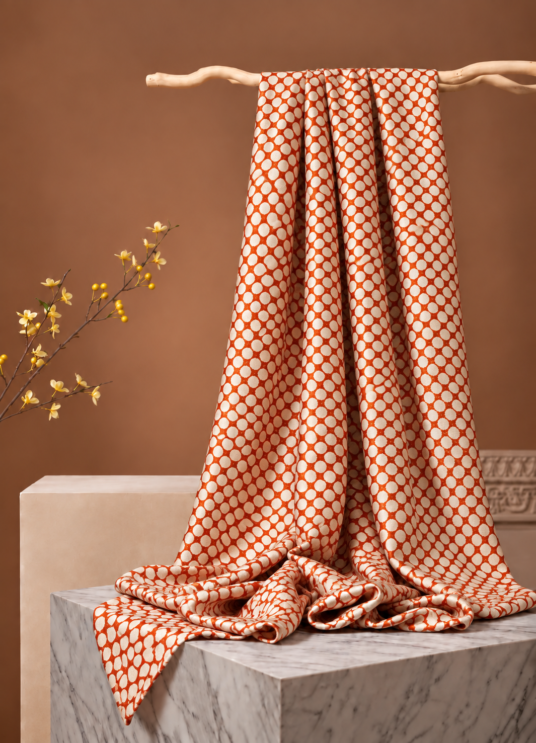 Orange Muslin Silk Polka Block Print Fabric