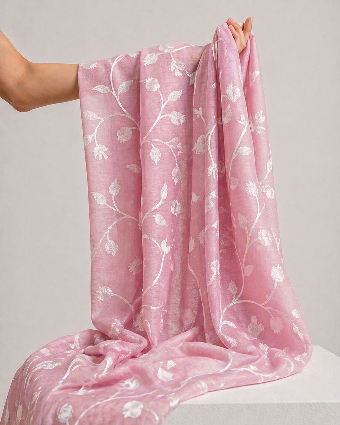 Pastel Pink Mul Fabric With Embroidery