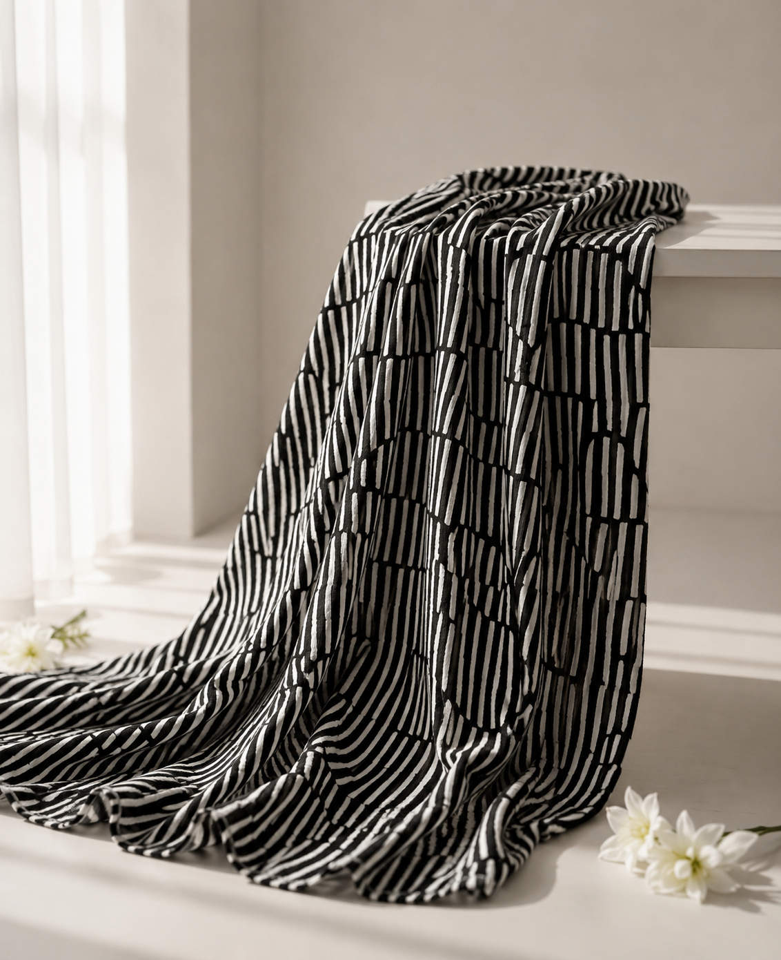 Pure Chanderi Silk Fabric With Black Hand Block Prints