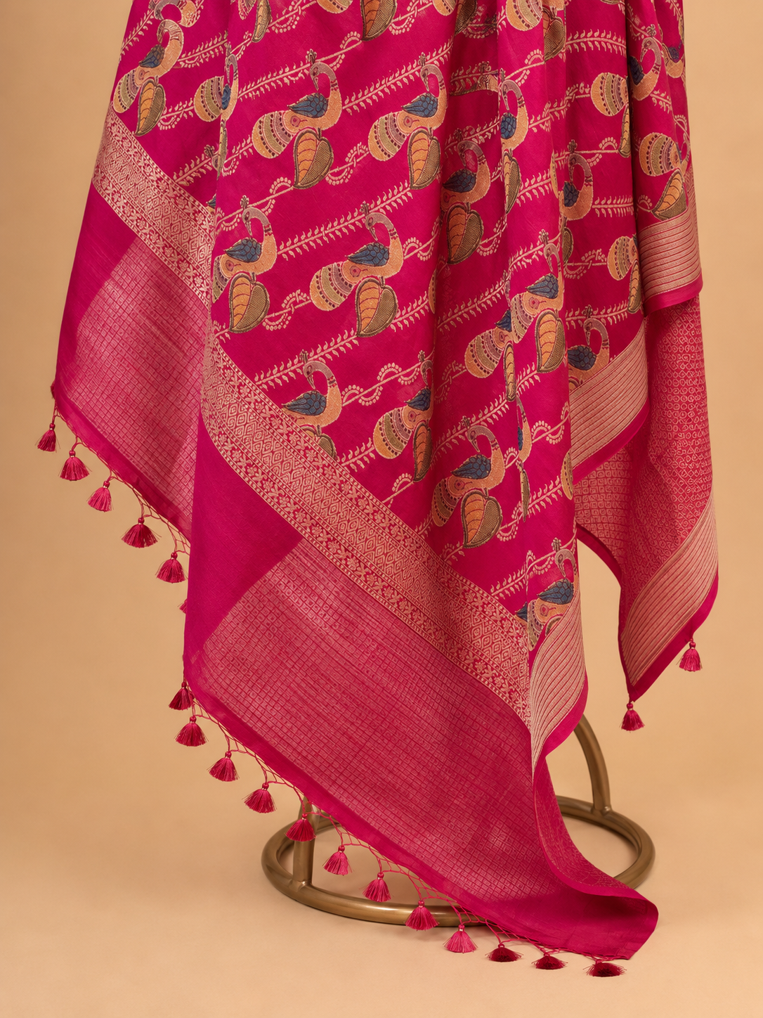 Hand Brush-Dyed Moonga Silk Dupatta with Stylised Peacock Motifs