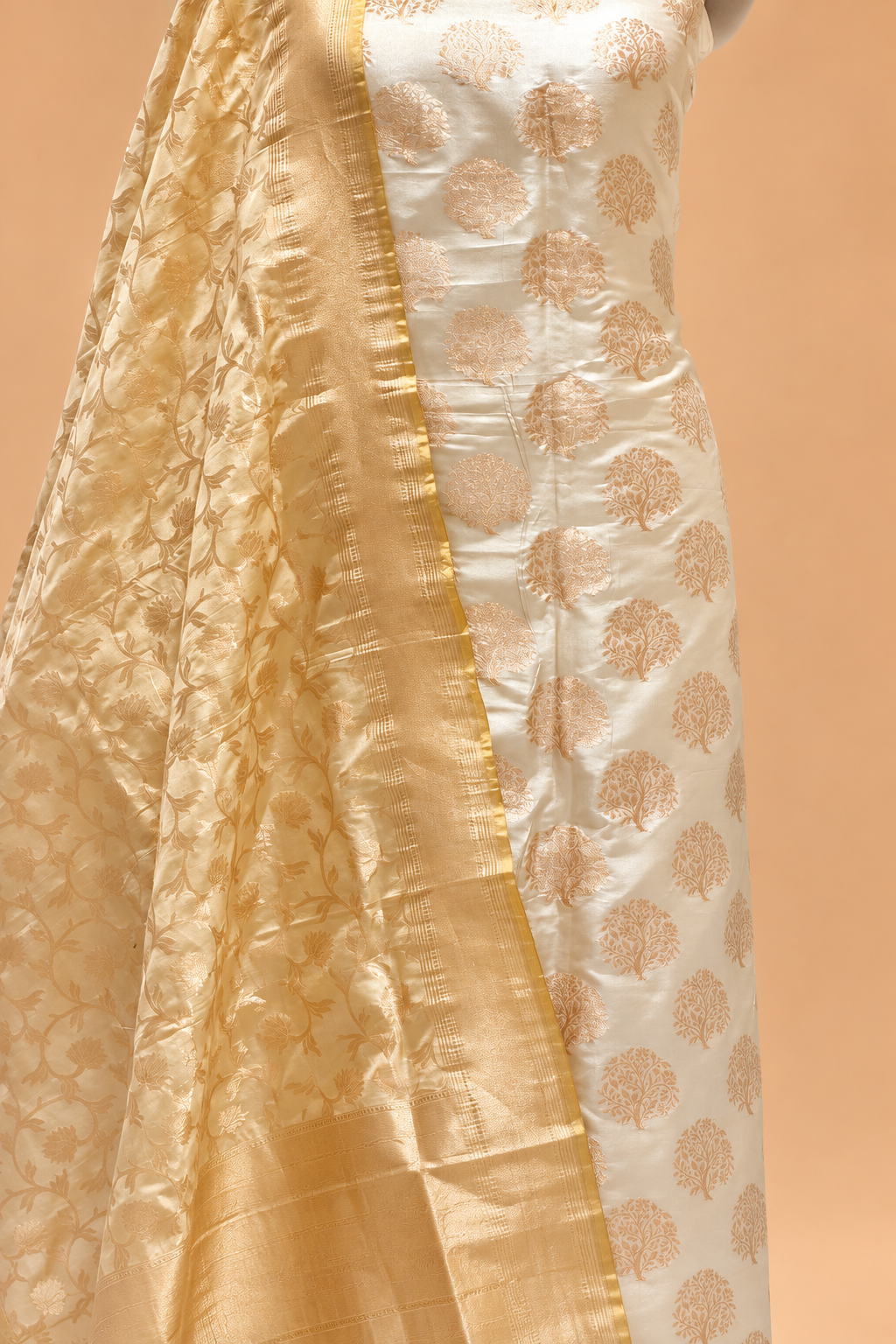 Ivory Pure Katan Silk Suit Set With Organza Jaal Duppatta