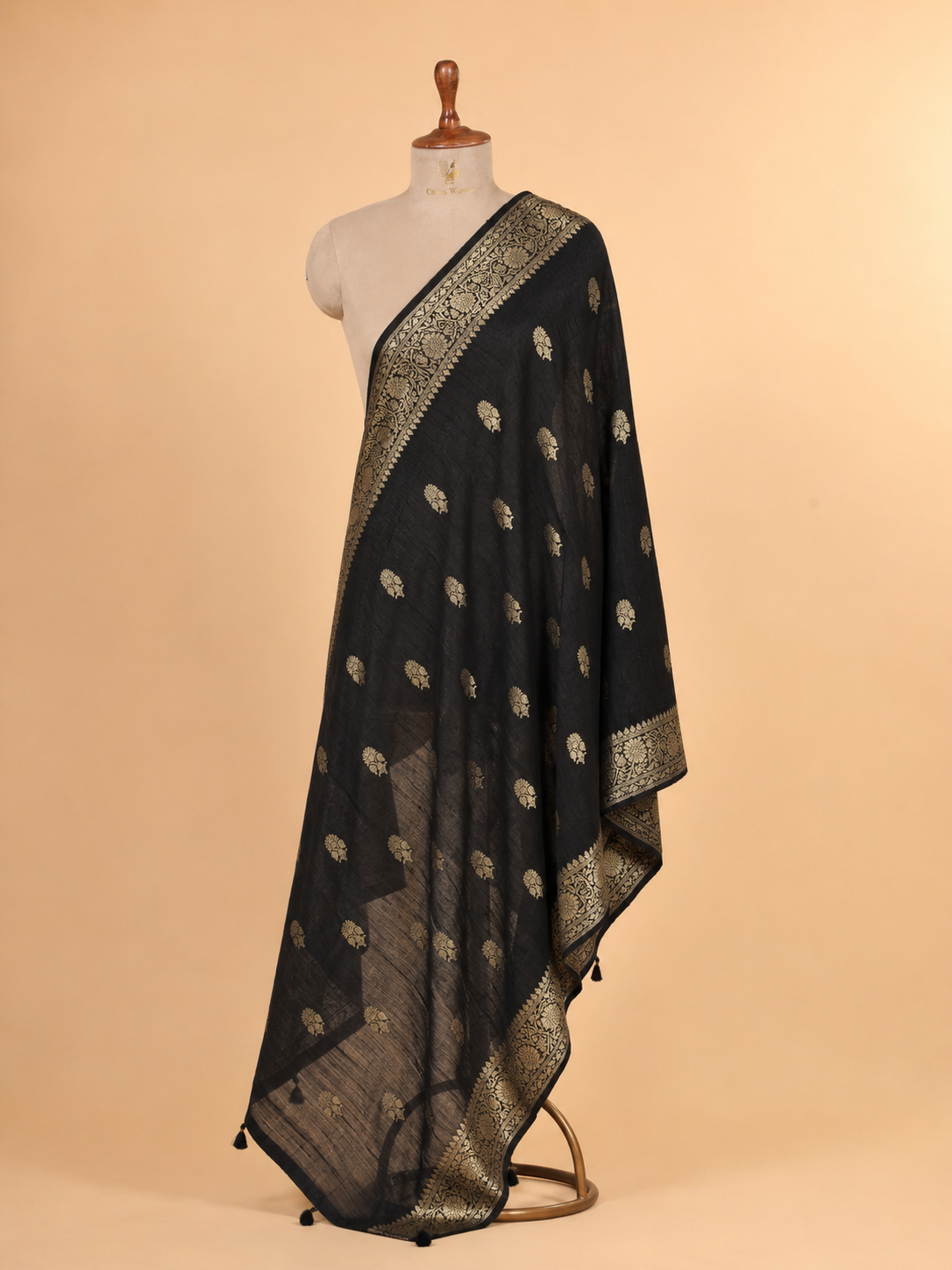 Black Banarasi Raw Silk Dupatta with Gold Zari Floral Bootis